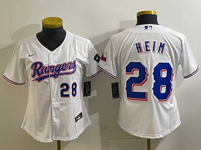 Women%27s Texas Rangers #28 Jonah Heim Number White 2023 World Series Champions Cool Base Jersey